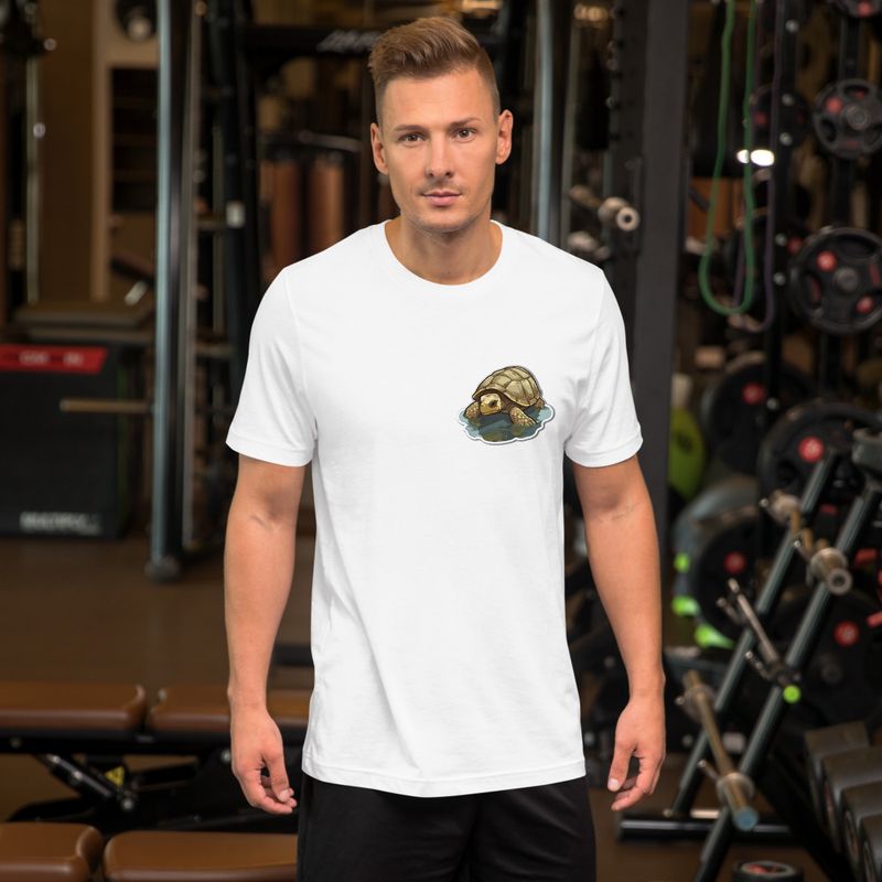 Unisex Staple T-Shirt, Tortoise in shallow water, left chest