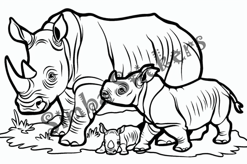 Colouring pages, bundle of rhino families, 10 images
