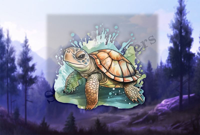 Tortoise walking and splashing, watercolour