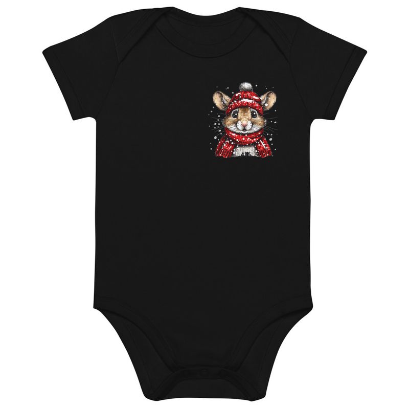 Organic Cotton Baby Bodysuit, 3-18 months, Mouse wearing red winter hat and scarf, xg8dl3,left chest