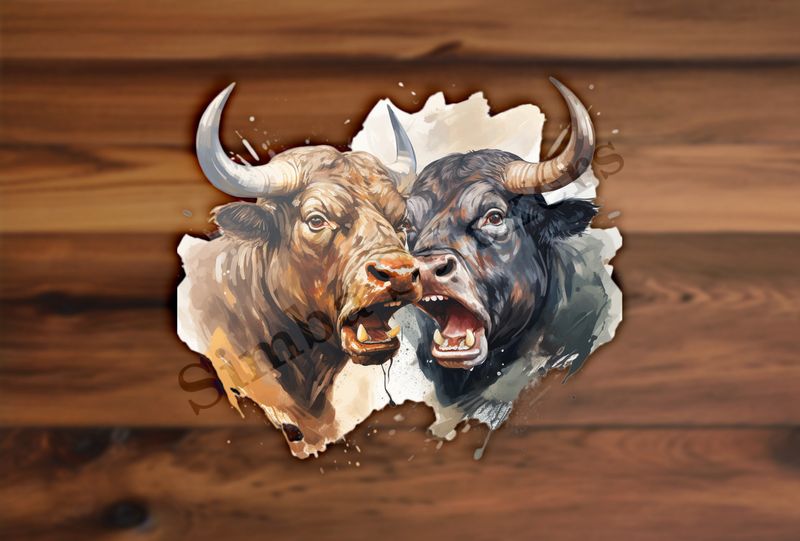 Bulls facing up to each other, watercolour, dx5eff