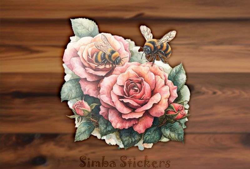 Bees flying around romantic rose flowers, watercolour