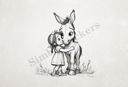 Small donkey being hubbed by a small girl outline art