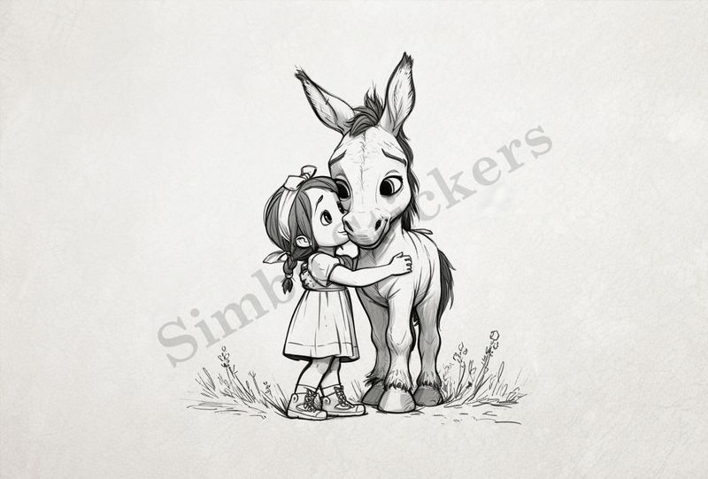 Small donkey being hubbed by a small girl outline art