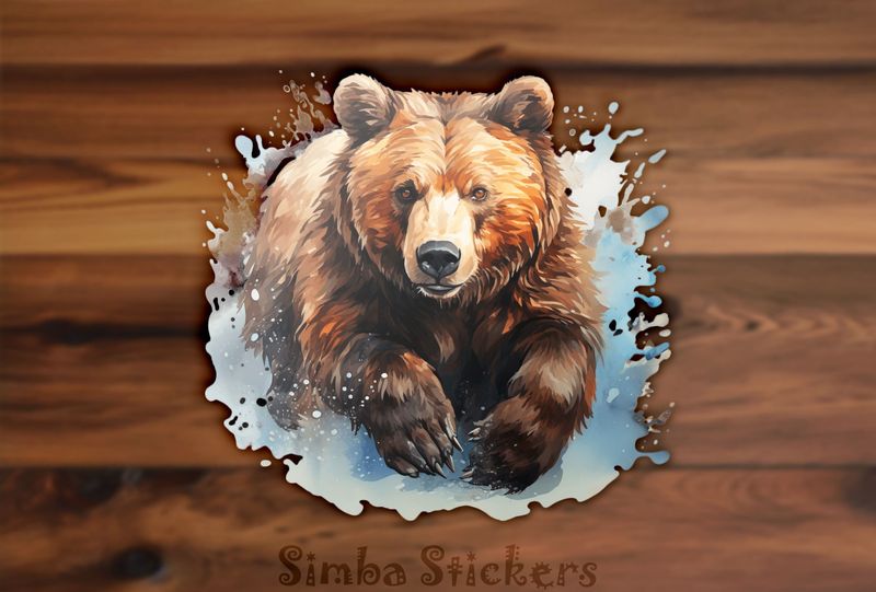 Bear running in and splashing water, watercolour, on3gih