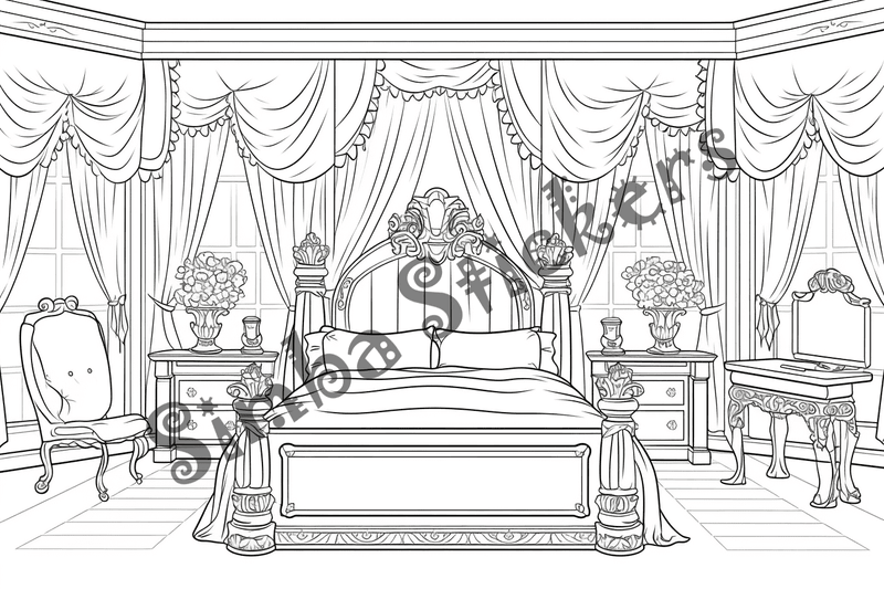 Colouring pages, bundle of house bedrooms, complex, 10 images