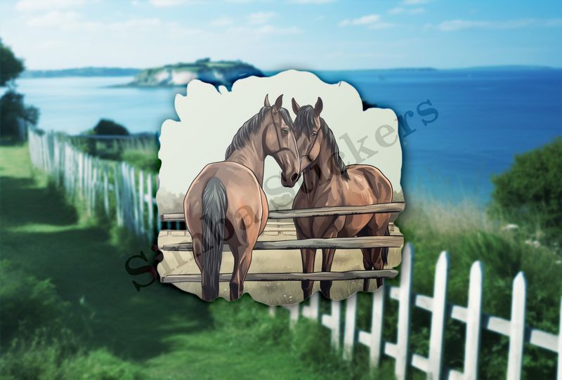 Two brown horses separated by fence