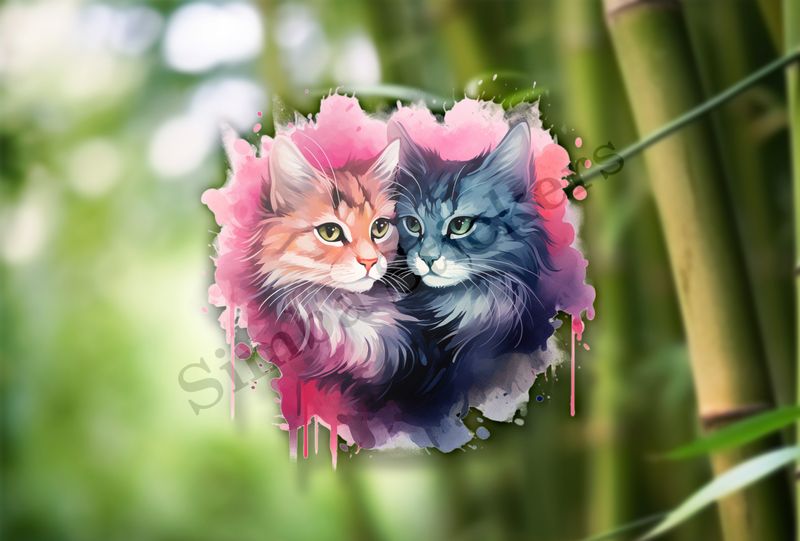Cats cuddling, watercolour