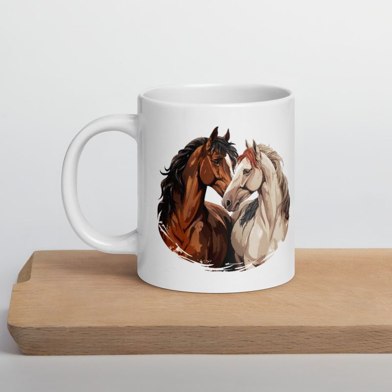 White Glossy Mug, 20oz, Horses nose-to-nose, jbgjpy