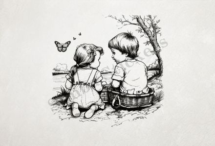 Boy and girl  by the river bank, boy in picnic basket, outline art