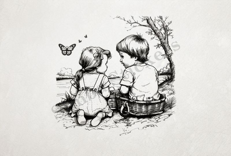 Boy and girl  by the river bank, boy in picnic basket, outline art