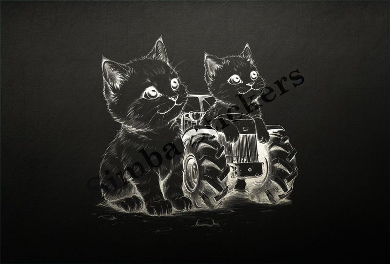 Cats by a tractor, romantic, outline art