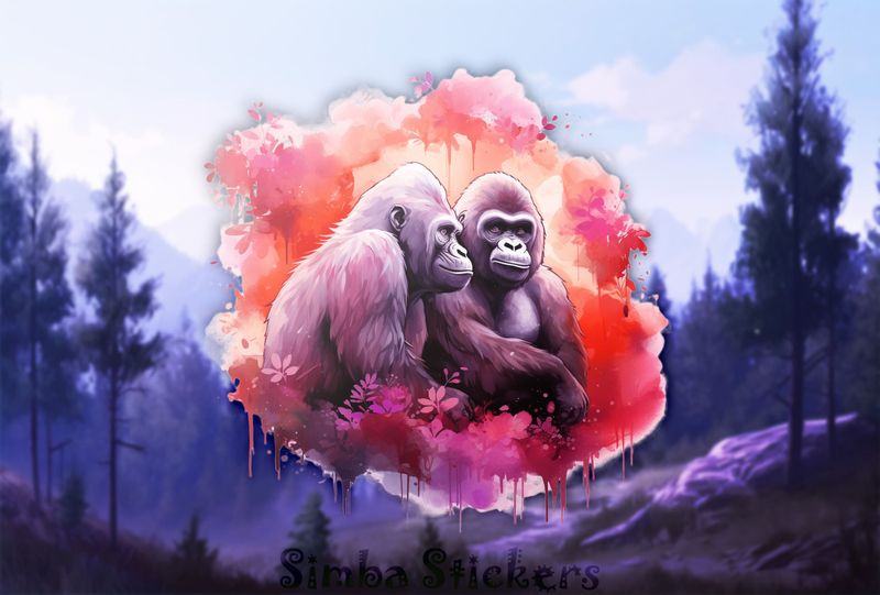 Gorillas in love in romantic colours, watercolour, dgghmm
