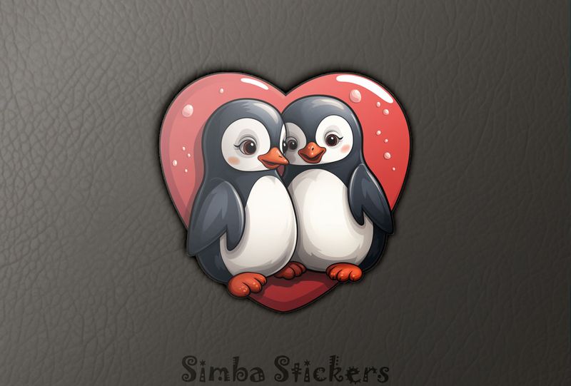 Penguins cheek-to-cheek smiling with glossy Valentine&#x27;s heart, 7r47dp