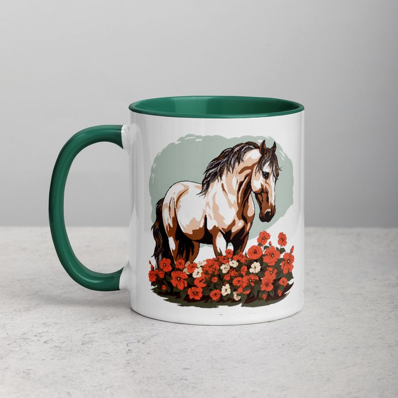 White Ceramic Mug with Color Inside, 11&amp;15oz, Brown horse in field of red flowers, n4w2fj
