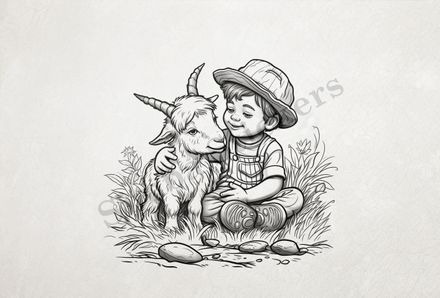 Goat kid with horns hugged by boy, outline art