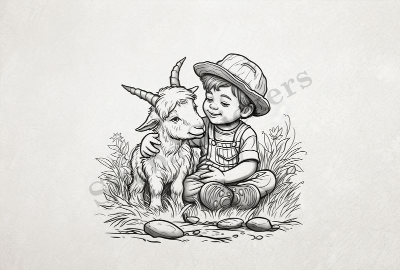 Goat kid with horns hugged by boy, outline art