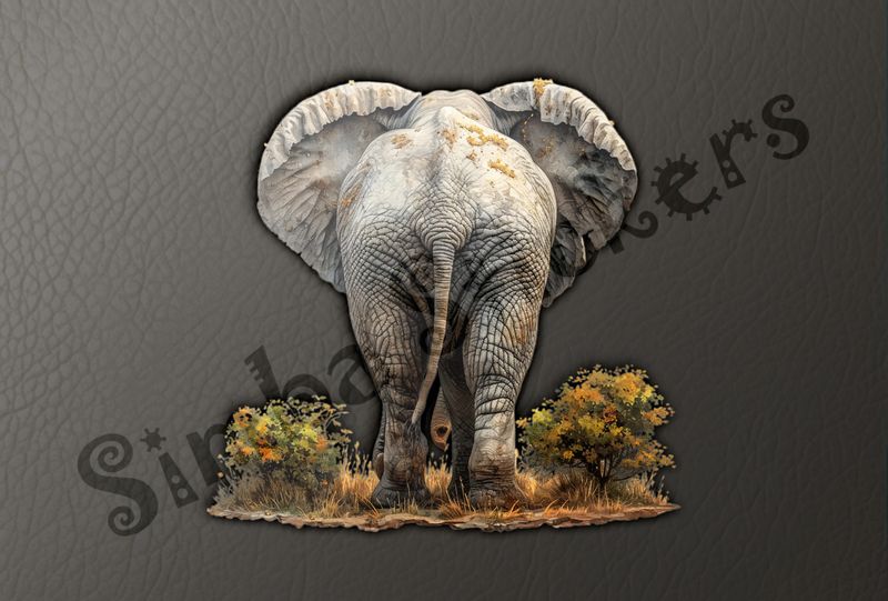 Elephant walking, tail slightly to the left, from behind
