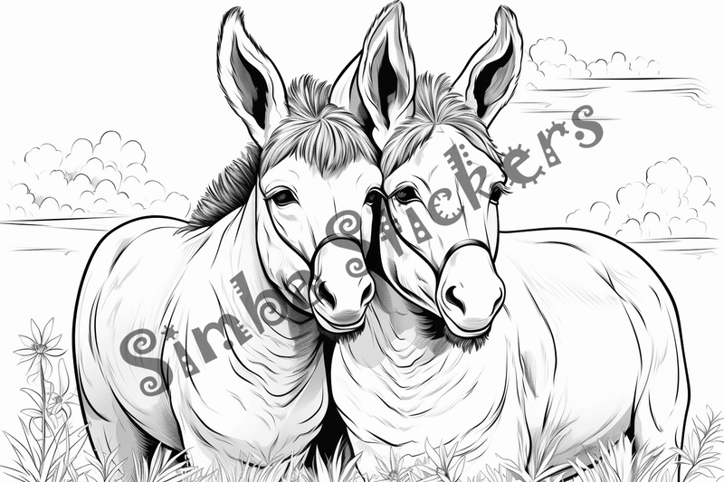 Colouring pages, bundle of donkeys with children, 25 images 2
