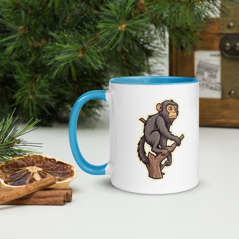 White Ceramic Mug with Color Inside, 11oz &amp; 15oz, Baboon on a tree, looking sad, head-to-head