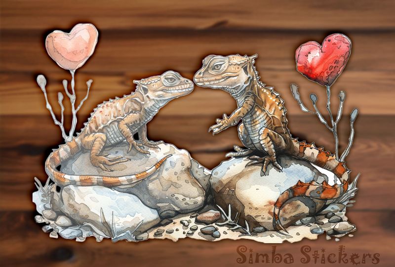 Lizards in love on 2 rocks, watercolour