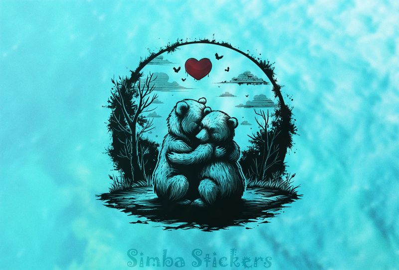 Bears in loving embrace with Valentine heart above, outline art, tnjxjy