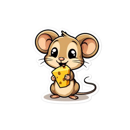 Sticker 4x4, Small Mouse happily licking large chunk of cheese, pqapy6