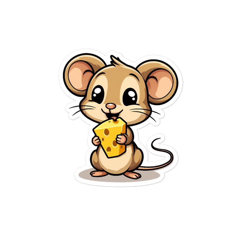 Sticker 4x4, Small Mouse happily licking large chunk of cheese, pqapy6