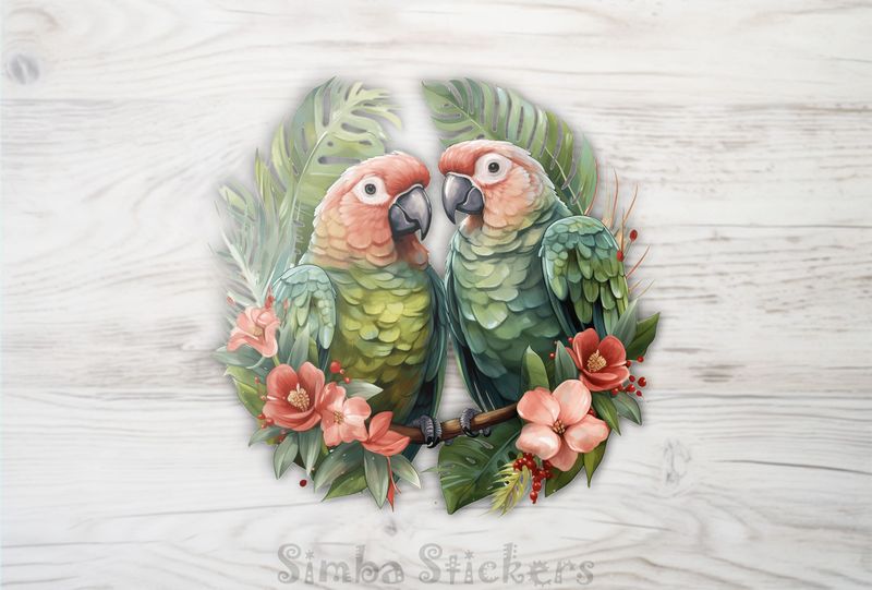Green parrots in green leaves and pinkish flowers, watercolour, yk2x8b