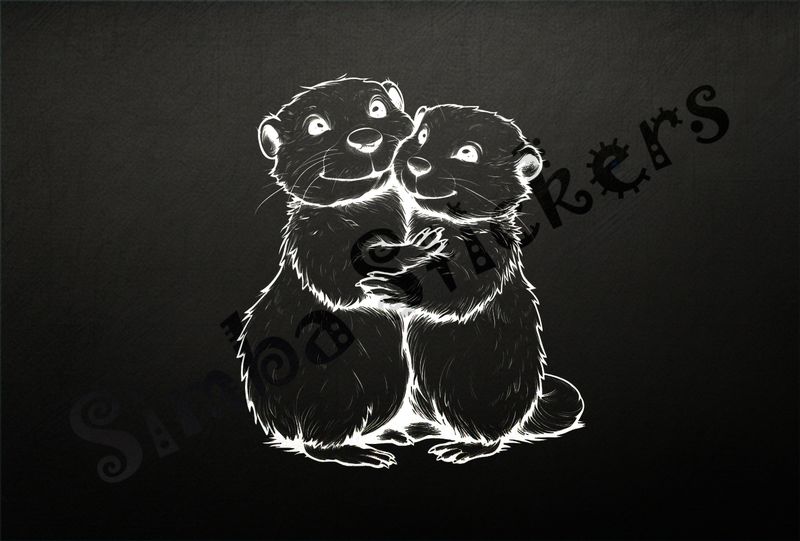 Beavers cuddling cheerfully in embrace, outline art