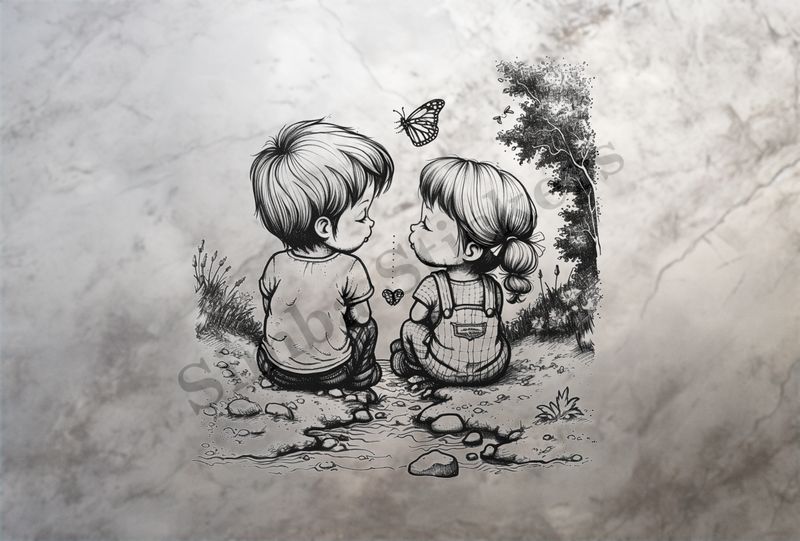 Boy and girl sitting on either side of narrow stream, outline art
