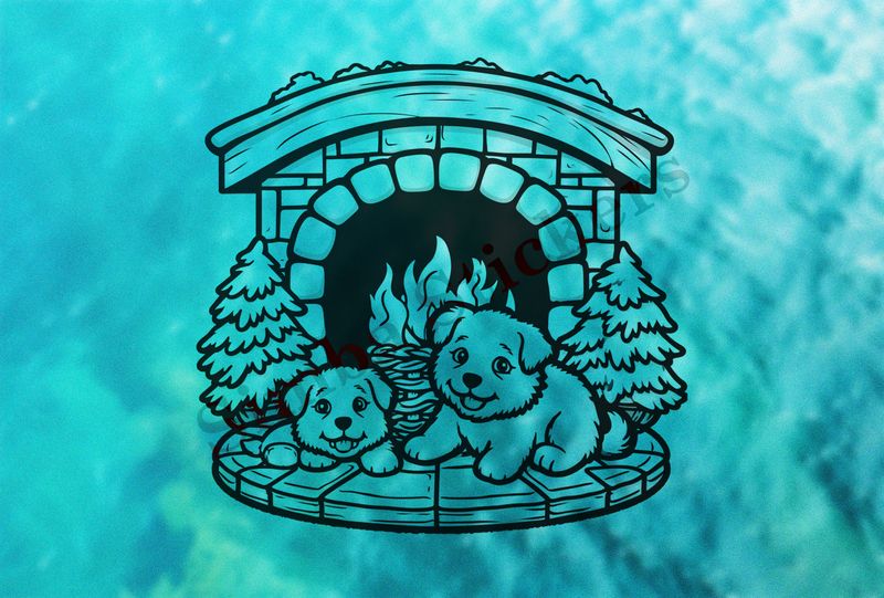Dogs cuddling by the fireplace next to 2 small Christmas trees,  outline art