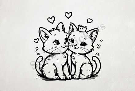 Cat kittens, one with crown, cheek-to-cheek, romantic, outline art