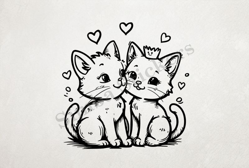 Cat kittens, one with crown, cheek-to-cheek, romantic, outline art