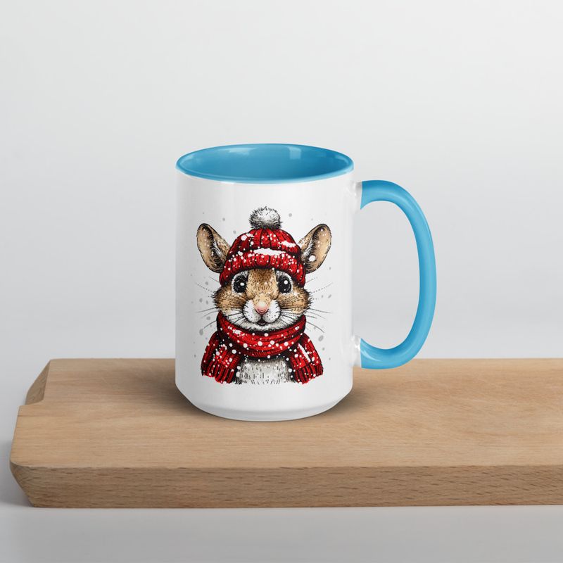 White Ceramic Mug with Color Inside, 11&amp;15oz, Mouse wearing red winter hat and scarf in snow, xg8dl3