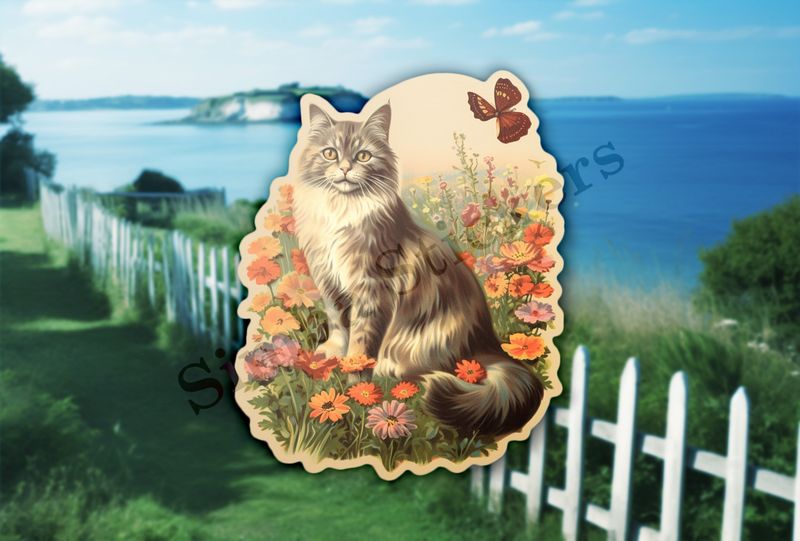 Vintage cat in flower field