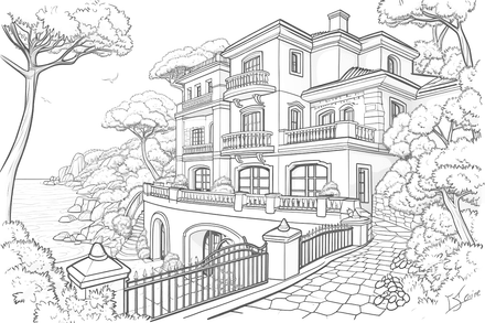 Colouring pages, bundle of houses overlooking the sea, 10 images