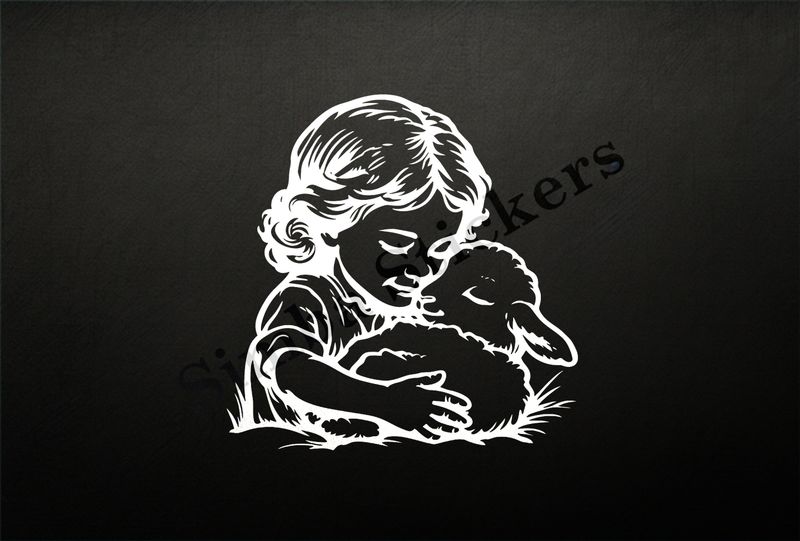 Small lamb cheek-to-cheek with small girl, outline art