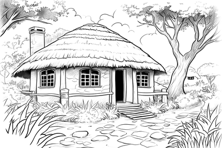 Colouring pages, bundle of houses, African thatched, 10 images