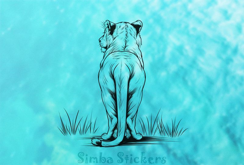 Lioness dragging tail on the ground, from the back, outline art, z1kslu
