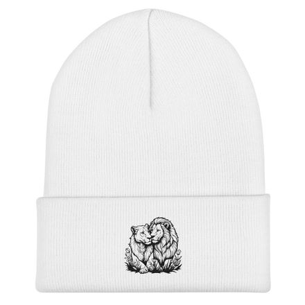 Embroidered Cuffed Beanie, Male lion with lioness, outline art, u5voyg