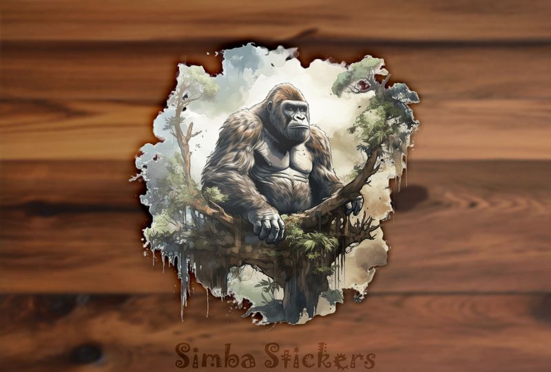 Gorilla thoughtfully sitting on a branch in a high tree, dx7sp5
