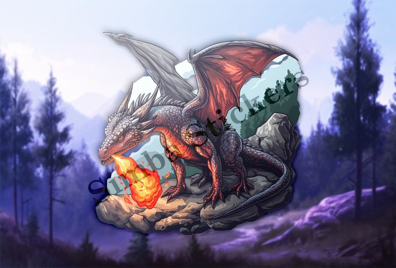 Dragon breathing fire from a high rock