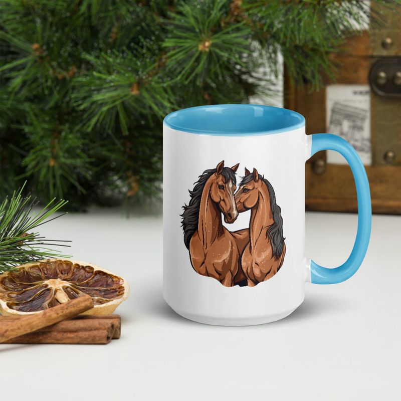 White Ceramic Mug with Color Inside, 11&amp;15oz, Two brown horses snuggling, tdwcyd
