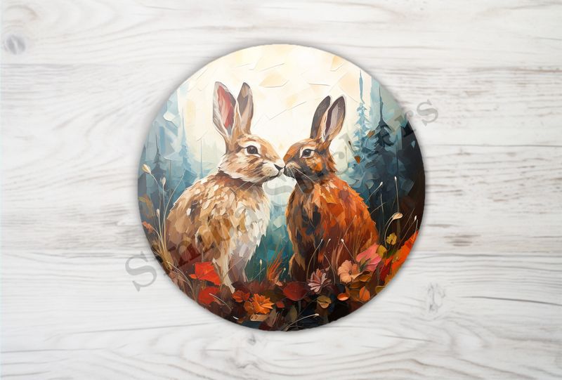 Rabbits in love in autumn leaves, oil painting