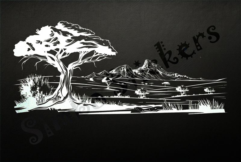 African Savanna landscape, interspersed with trees, mountain range afar, outline art