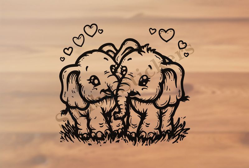 Baby elephants in love, romantic hearts around, outline art