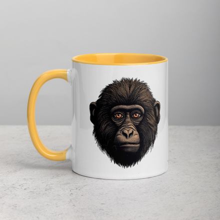 White Ceramic Mug with Color Inside, 11oz &amp; 15oz, Baboon face with serious expression 