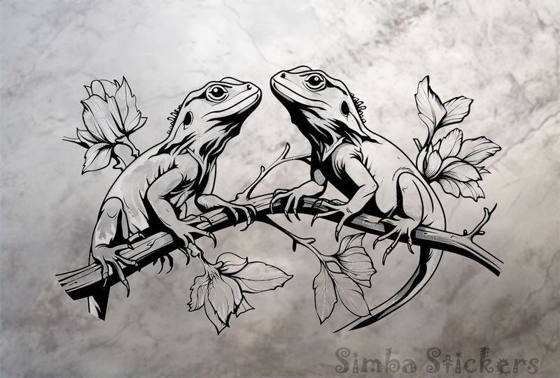 Two lizards in on a branch, outline art