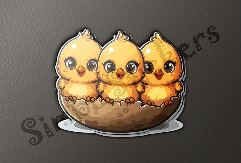 Happy Chick Triplets in half-intact eggshell